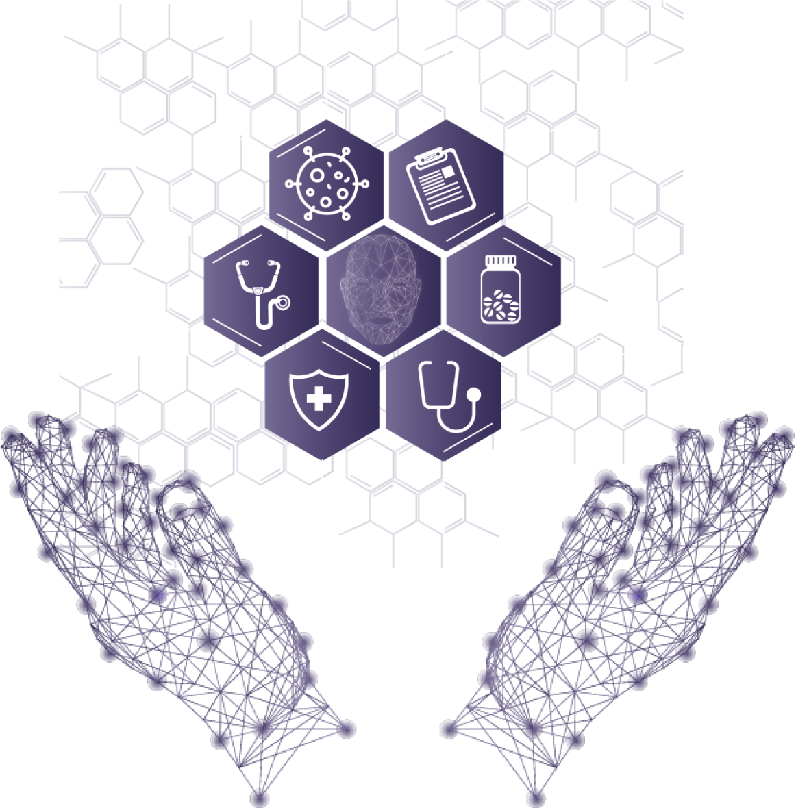 Hexagonal graphic elements representing healthcare technology with icons for virus, prescription, brain, pill bottle, shield with a cross, and stethoscope, alongside a wireframe hand graphic.